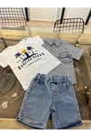 Kot Şort Gri Müslin Gömlek Beyaz Baskılı Tshirt Erkek Çocuk Bebek Yazlık 3'lü Takım 6-24 Aylık