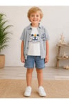 Kot Şort Gri Müslin Gömlek Beyaz Baskılı Tshirt Erkek Çocuk Bebek Yazlık 3'lü Takım 6-24 Aylık