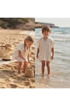 Orjinal %100 Keten Müslin Çizgili Kumaş Unisex 1-10Yaş Plaj Havlu Kapşonlu Pareo-Panço-Naturel Bej
