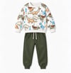 Erkek Bebek Dinozor Desenli Sweatshirt ve Haki Pantolon 2’li Alt Üst Takım