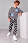 Erkek Çocuk Baskılı Sweatshirt Damalı Jogger Pantolon Alt Üst Takım