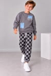 Erkek Çocuk Baskılı Sweatshirt Damalı Jogger Pantolon Alt Üst Takım