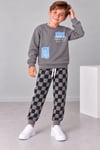 Erkek Çocuk Baskılı Sweatshirt Damalı Jogger Pantolon Alt Üst Takım