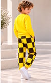 Erkek Çocuk Dinozor Baskılı Sarı Sweatshirt ve Dama Desenli Alt Üst Takım