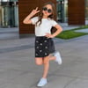 Kız Çocuk Beyaz Bluz & Fiyonk Detaylı Kot Şort Etek Takım