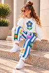 Kız Çocuk Çiçek Baskılı Sweatshirt ve Çizgili Desenli Eşofman Altı İkili Takım