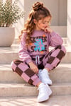 Kız Çocuk Dinozor Baskılı Sweatshirt ve Kareli Desenli Jogger Pantolon Alt Üst Takım 