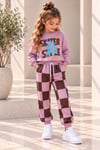 Kız Çocuk Dinozor Baskılı Sweatshirt ve Kareli Desenli Jogger Pantolon Alt Üst Takım 