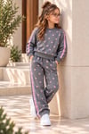 Kız Çocuk Kalp Desenli Dantel Şerit Detaylı Sweatshirt ve Bol Paça Pantolon Alt Üst Takım