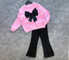 Kız Çocuk Pembe Fiyonklu 2 İplik Sweatshirt & İnterlok İspanyol Paça Tayt Takım