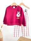 Kız Çocuk Tavşan Baskılı 3 İplik Şardonsuz Sweatshirt Ekose Gabardin Pantolon Alt Üst Takım