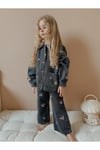 Yigit Butik Çiçek İşlemeli Denim Kumaş Kız Çocuk Alt Üst Takım