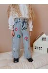Yigit Butik Çiçek İşlemeli Kız Çocuk Denim Pantolon