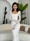 Kadın Beyaz Kare Yaka Dantel Balık Kesim Midi Boy Elbise(davet,nikah.mezuniyet,abiye)