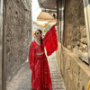 kadın ithal ipek takım(üst kelebek kol)alt(pantolon etek)kırmızı