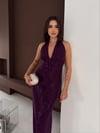 Mor,Payetli,Halter Yaka,Midi Boy,Yırtmaçlı,Esnek Elbise