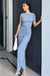 Asimetrik Drapeli Kolsuz Bluz ve Pantolon Yazlık Kadın İkili Takım 990