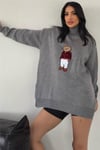 Ayıcıklı Kazak - Balıkçı Yaka Teddy Bear Aplikli Oversize Kadın Triko Kazak 650