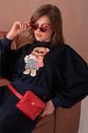 Ayıcıklı Sweatshirt Bisiklet Yaka Crop Kesim 3 İplik Şardonsuz  222