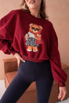 Ayıcıklı Sweatshirt Bisiklet Yaka Crop Kesim 3 İplik Şardonsuz  222