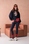 Ayıcıklı Sweatshirt Bisiklet Yaka Crop Kesim 3 İplik Şardonsuz  222