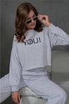 Enjeksiyon Baskı Detaylı Crop Üst Sweat Üç İplik Alt Üst Sweatshirt Takım 351