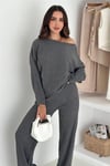 Kayık Yaka Oversize Yumuşak Triko Kazak ve Bol Paça Alt Üst İkili Takım (Bej/Gri/Siyah) 7048