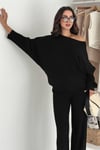 Kayık Yaka Oversize Yumuşak Triko Kazak ve Bol Paça Alt Üst İkili Takım (Bej/Gri/Siyah) 7048