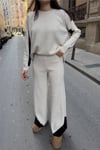 Kol ve Paçada Şerit Tasarım Oversize Beden Kazak Pantalon İkili Triko Takım 034