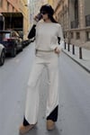 Kol ve Paçada Şerit Tasarım Oversize Beden Kazak Pantalon İkili Triko Takım 034