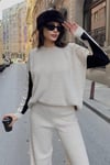 Kol ve Paçada Şerit Tasarım Oversize Beden Kazak Pantalon İkili Triko Takım 034