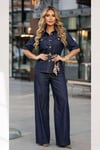 Lacivert Denim İkili Takım - Kuşaklı Gömlek + Geniş Paça Pantolon Premium Set 36023