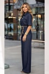 Lacivert Denim İkili Takım - Kuşaklı Gömlek + Geniş Paça Pantolon Premium Set 36023