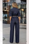 Lacivert Denim İkili Takım - Kuşaklı Gömlek + Geniş Paça Pantolon Premium Set 36023