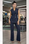 Premium Kot Takım Kadın - Denim Blazer Yelek Pantolon Seti Altın Düğmeli Lüks 36038