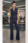 Premium Kot Takım Kadın - Denim Blazer Yelek Pantolon Seti Altın Düğmeli Lüks 36038