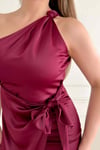Tek Omuz Saten Mini Elbise - Düğüm Detaylı Kısa Abiye - 2770 36-48 Beden