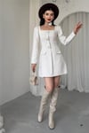 Tüvit Kumaş Büyük Taş Düğmeli Mini Elbise (Siyah & Ekru) 753