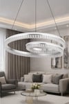 Ünal Aydınlatma | Tomris Krom LED Kristal Sarkıt Avize – Modern Halka Tasarım, Salon & Oturma Odası