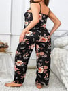 Arias Closet Büyük Beden Siyah Üstüne Çiçek Desenli İnce Askılı 2'li Pijama Takımı