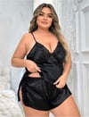 Arias Closet Büyük Beden Siyah Yırtmaç Dantel İşlemeli Saten Şortlu Takım