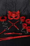 Arias Closet Kırmızı İçi Tüylü Maske,Kol,Bacak,Ağız Topu,Kırbaç,Tasma Harness Set