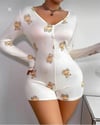 Arias Closet Pamuklu Beyaz Ayıcık Desenli Düğmeli Uzun Kol Tulum Pijama