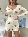 Arias Closet Pamuklu Ekru Ayıcık Desenli Düğmeli Tulum Pijama