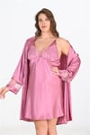 Arias Closet Premium Büyük Beden Saten Dantel İşlemeli Gül Kurusu 2'li Gecelik Sabahlık Takımı Bigsize