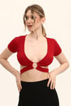 Kadın Bordo Renkli Ön Halka Ve Şeritli Crop Top