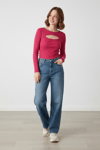 Kadın Pembe Pamuklu Kaşkorse Pencere Yaka Cut Out Detaylı Uzun Kollu Slim Fit Bluz
