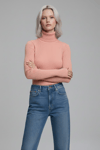 Kadın Pudra Pembe Tam Boğazlı Fitilli Triko Kazak - Yumuşak Dokulu Kışlık Slim Fit Örme Bluz
