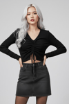 Siyah Uzun Kollu Kaşkorse Crop Bluz Büzgülü V Yaka