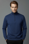 Unisex Kışlık Mavi Yarım Fermuarlı Dik Yaka 2 İplik Basic Sweatshirt